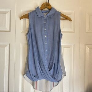 THML Sleeveless Top Chambray Red Blue Stripes Knot Hem Button Front Small